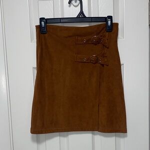 Brown Faux Suede Skirt with Buckle Detail